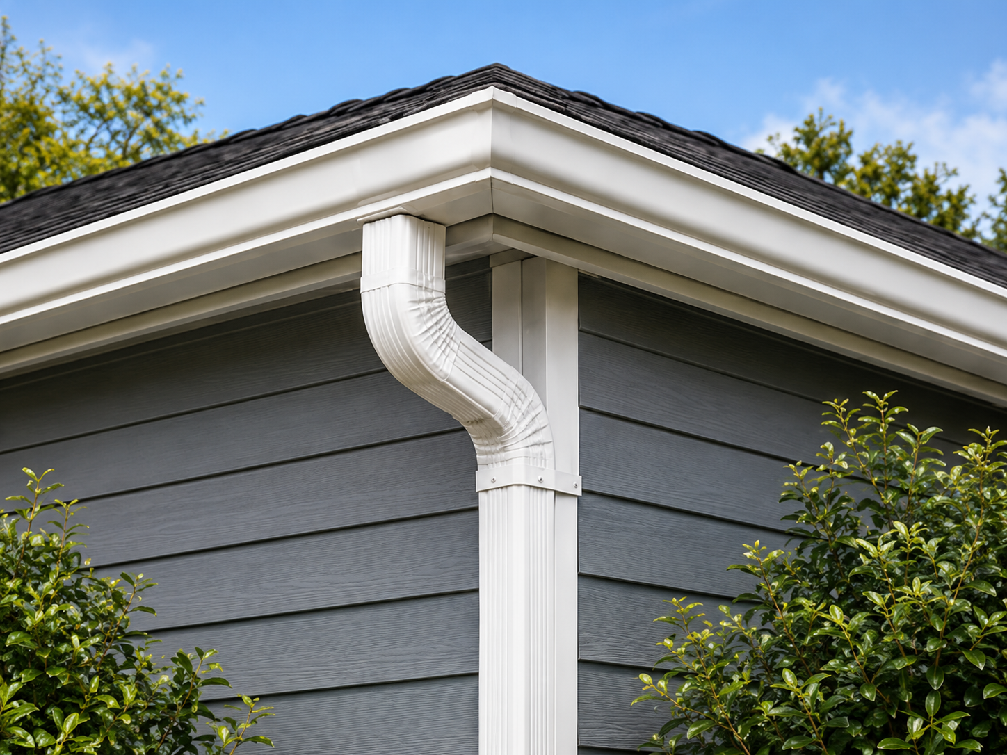 Finished gutter miter and downspout connector on a residential home