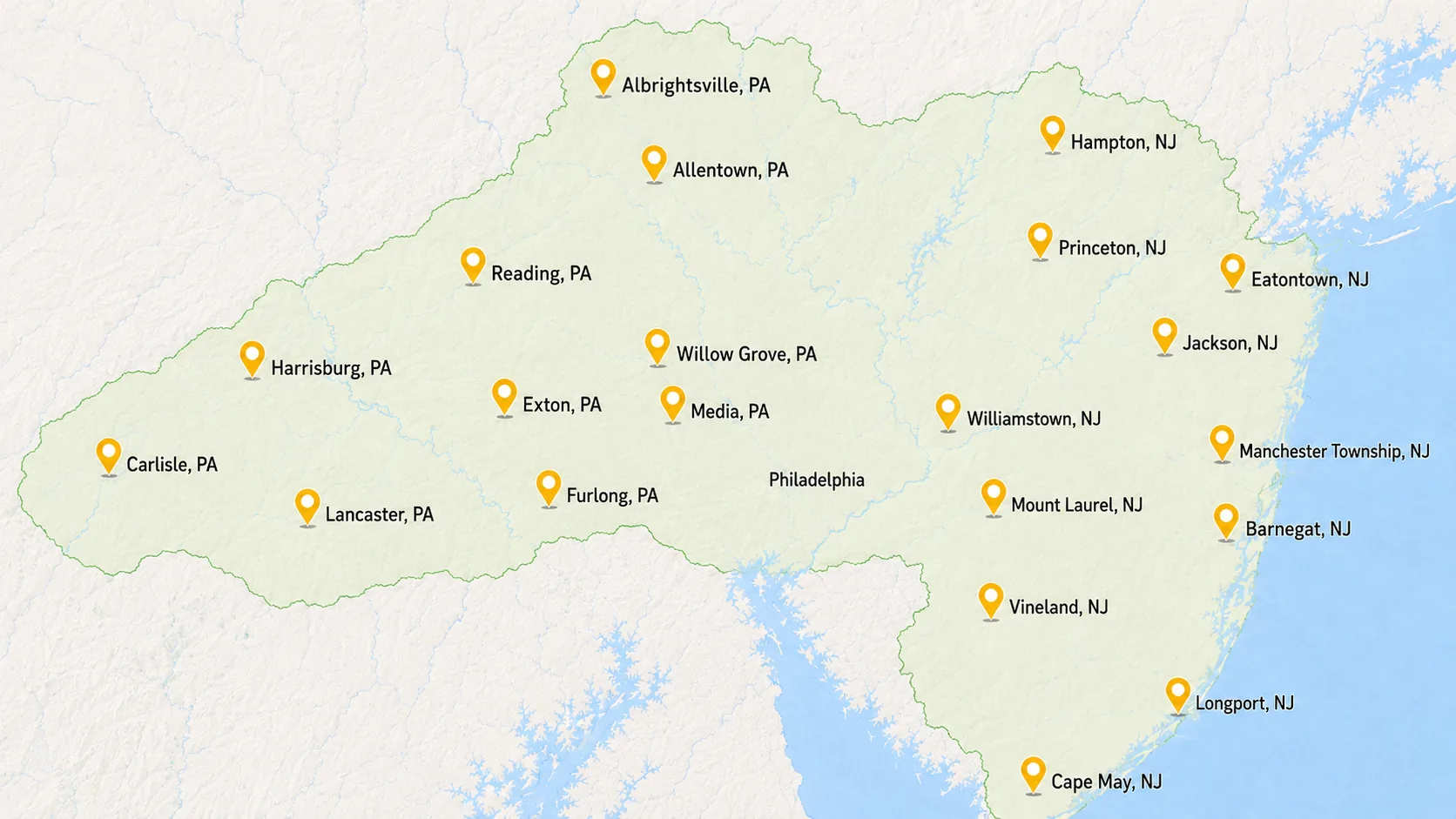 Pennsylvania and New Jersey gutter miter and connector service coverage map